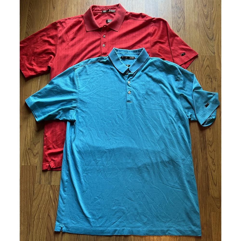 (2) LOT Tiger Woods TW Logo Men's BLUE + RED Nike Fit Dry‎ Golf Polo Shirt Large